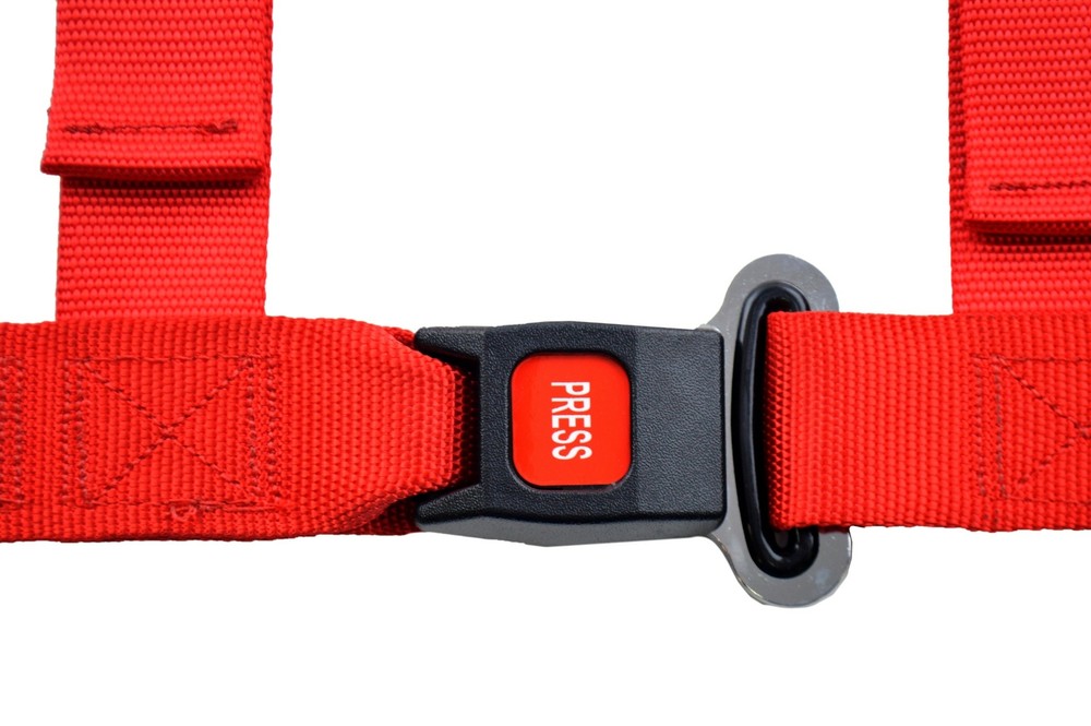 RED 4 POINT SEAT BELT 2" HARNESS, PULL DOWN LAP BELTS FLOOR MOUNT PUSH BUTTON