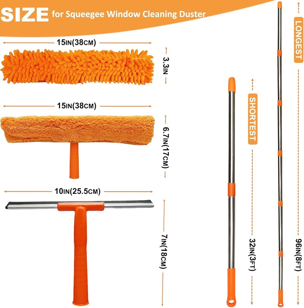 3 Pack 100 Inch Window Cleaner Squeegee Kit, Rotatable Squeegee and Scrubber wit