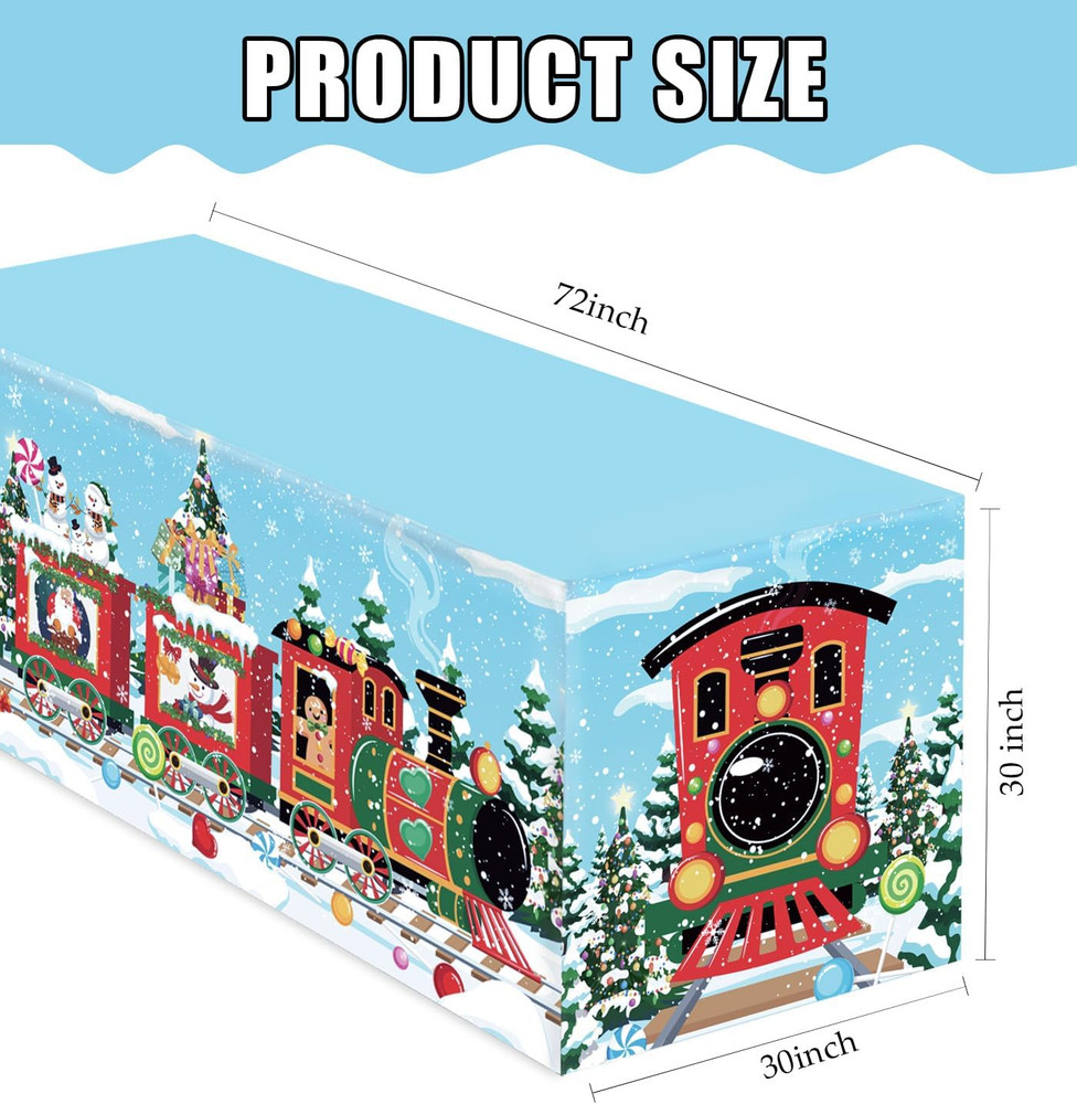 6 Ft Christmas Table Cloth Rectangle Red Train Tablecloth Washable Fabric Polyes