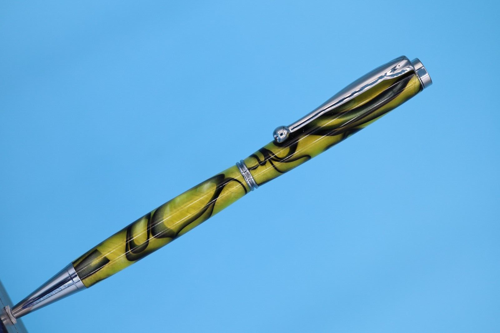 Fancy Slimline Ballpoint Pen in Chrome with Gold Resin and Black Swirls