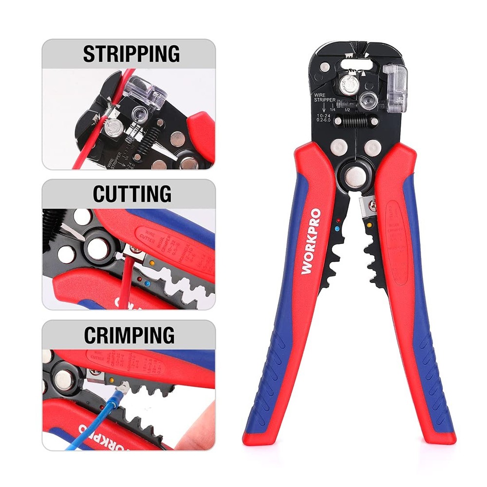 WORKPRO Self Adjusting Wire Stripper, 3-in-1 Automatic 8 Inch, Red&blue
