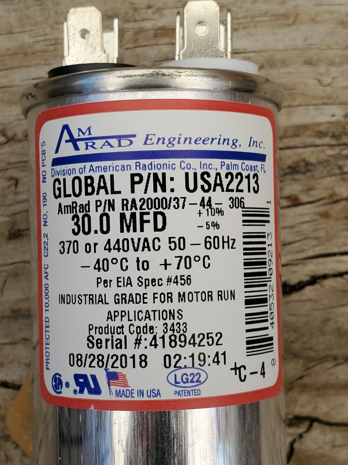 AmRad USA2213 Round Run Capacitor 30 uF MFD 370 / 440 Volt Made in USA