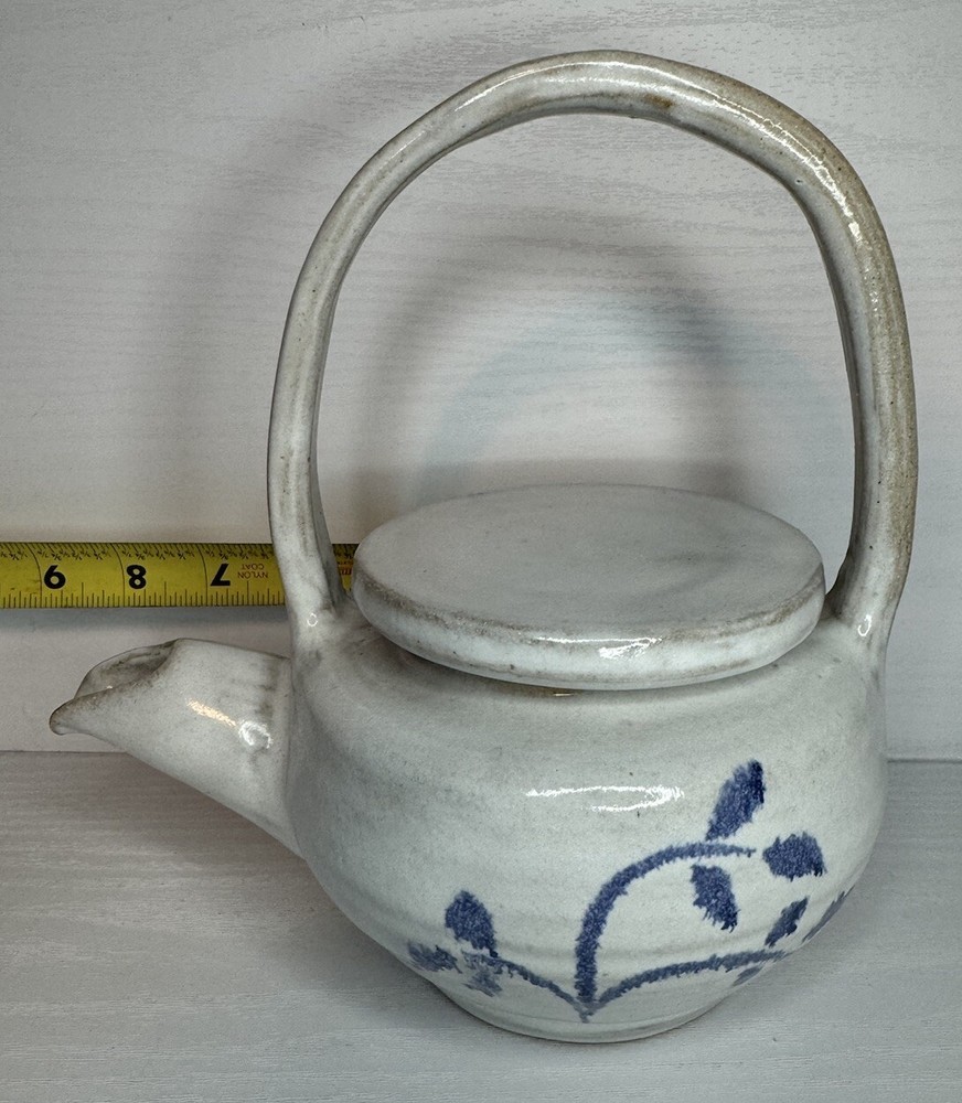 Handmade Art Pottery Teapot Blue Design Pattern Marked On Bottom.