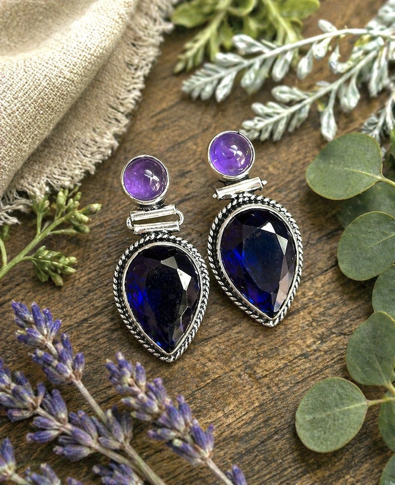 Amethyst & Tanzanite Gemstone Post/Stud 1.4” Earrings