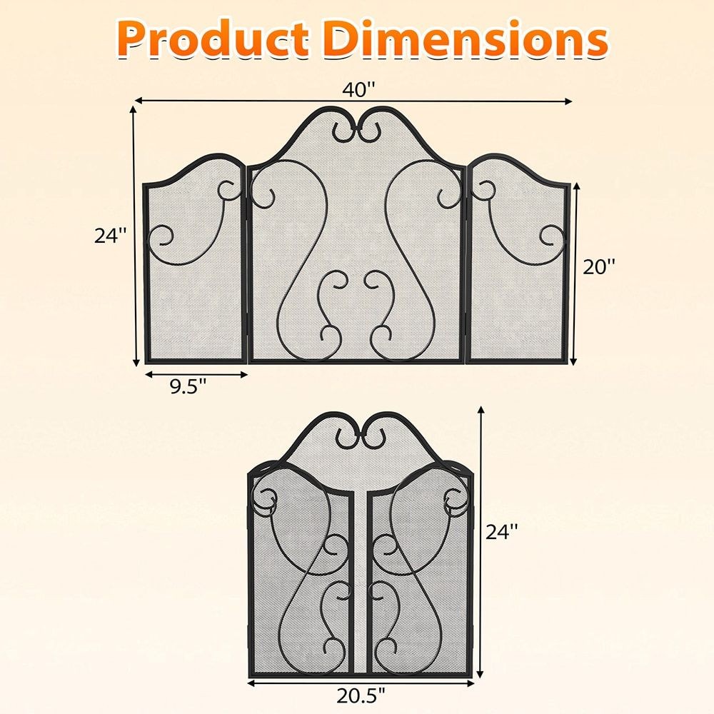 3 Panel Fireplace Screen Foldable Spark Guard Cover with Decorative Scroll