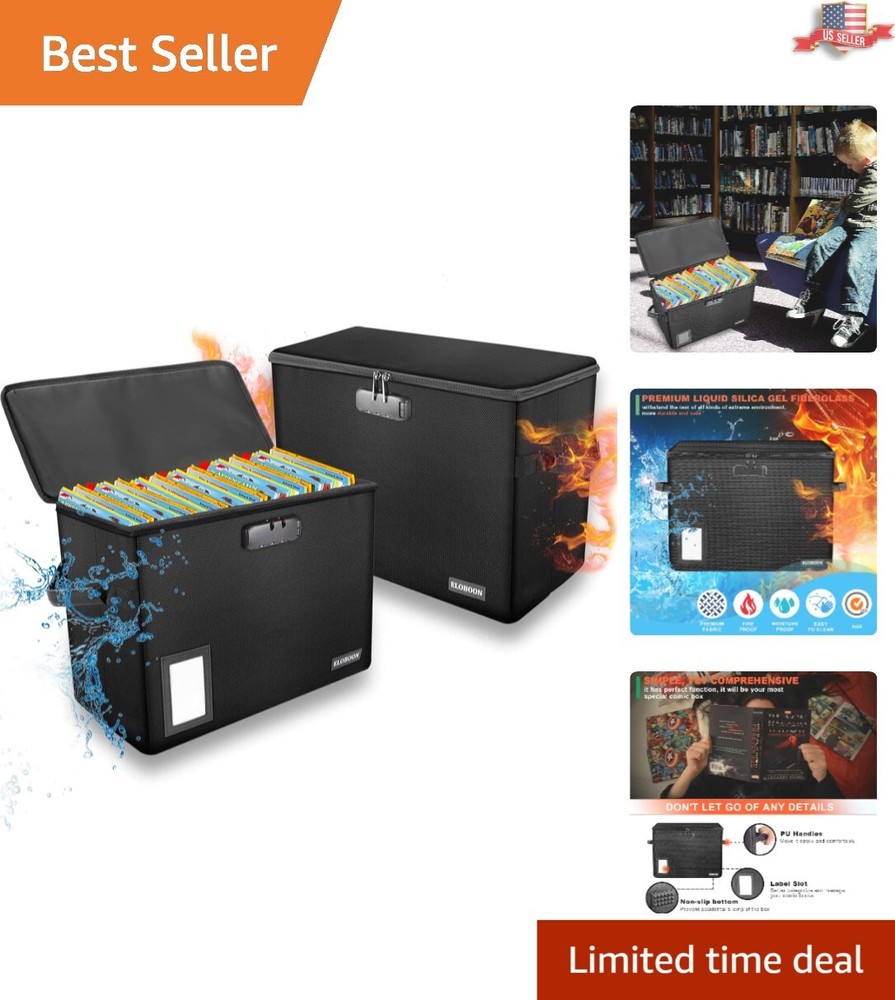 2-Pack Fireproof & Water-Resistant Comic Book Boxes with Lock & Labels, Black