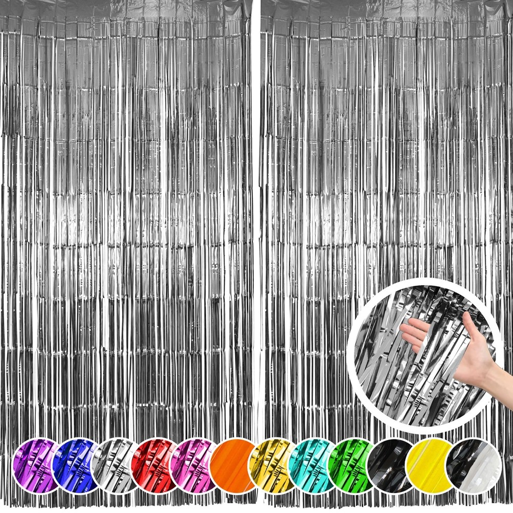 Hampton Distribution 2 Pack Silver Foil Fringe Curtains, Silver Tinsel Backdr...