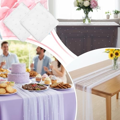4 Pack 10 ft Pearl Table Runner Tulle Fabric Lace Boho Glitter Tablecloth