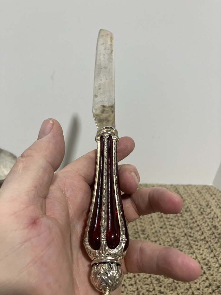Silver Plated Dessert Set-Knife & Server w/Ruby Red Glass & Silver Accent Handle