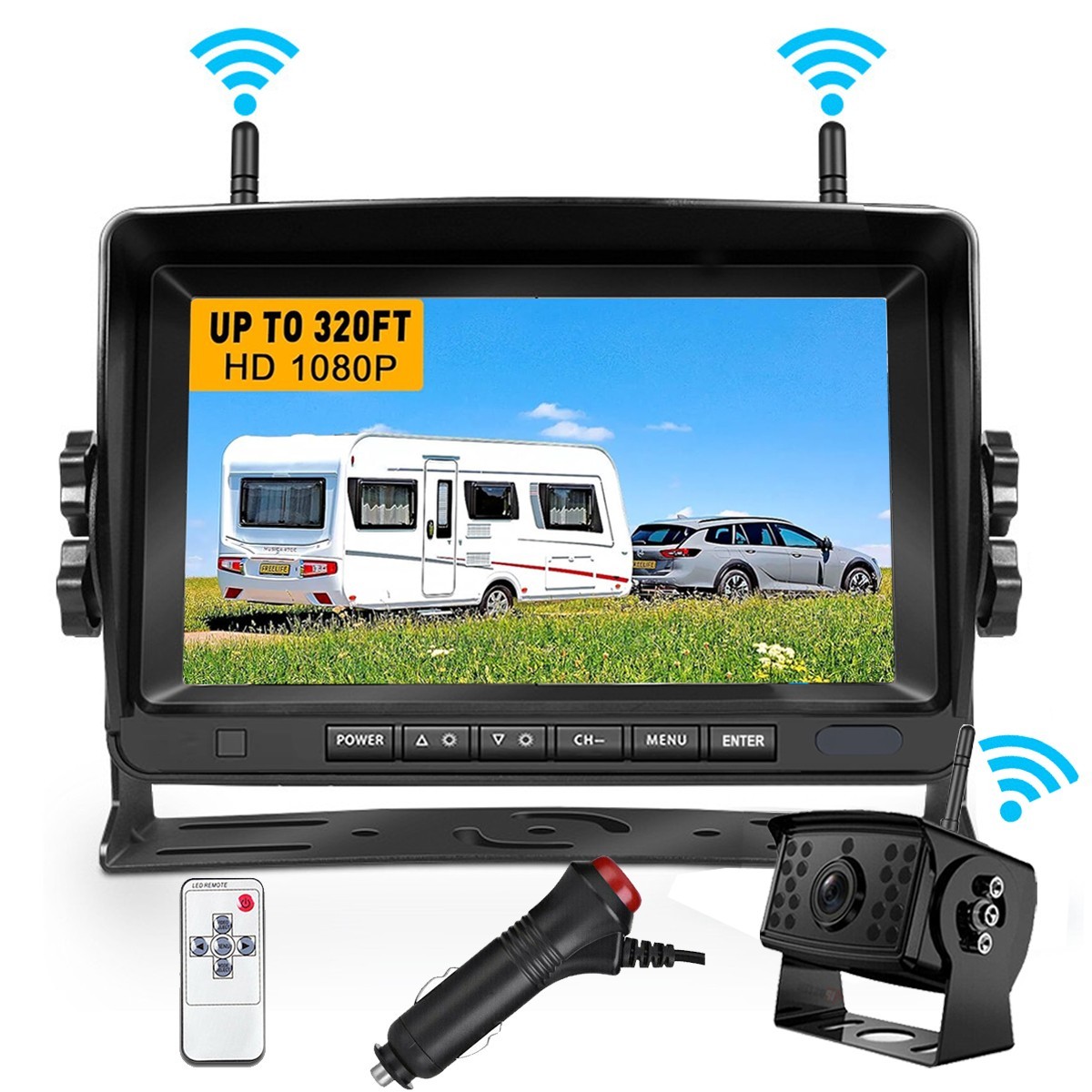 1080P Wireless RV Backup Camera Zoom 7" DVR Split Monitor for Truck Trailer Van