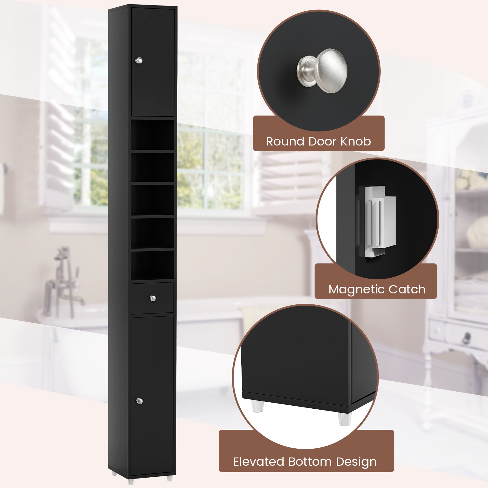 Tall Slim Bathroom Storage Cabinet Linen Tower w/ 2 Doors 1 Drawer Shelves Black