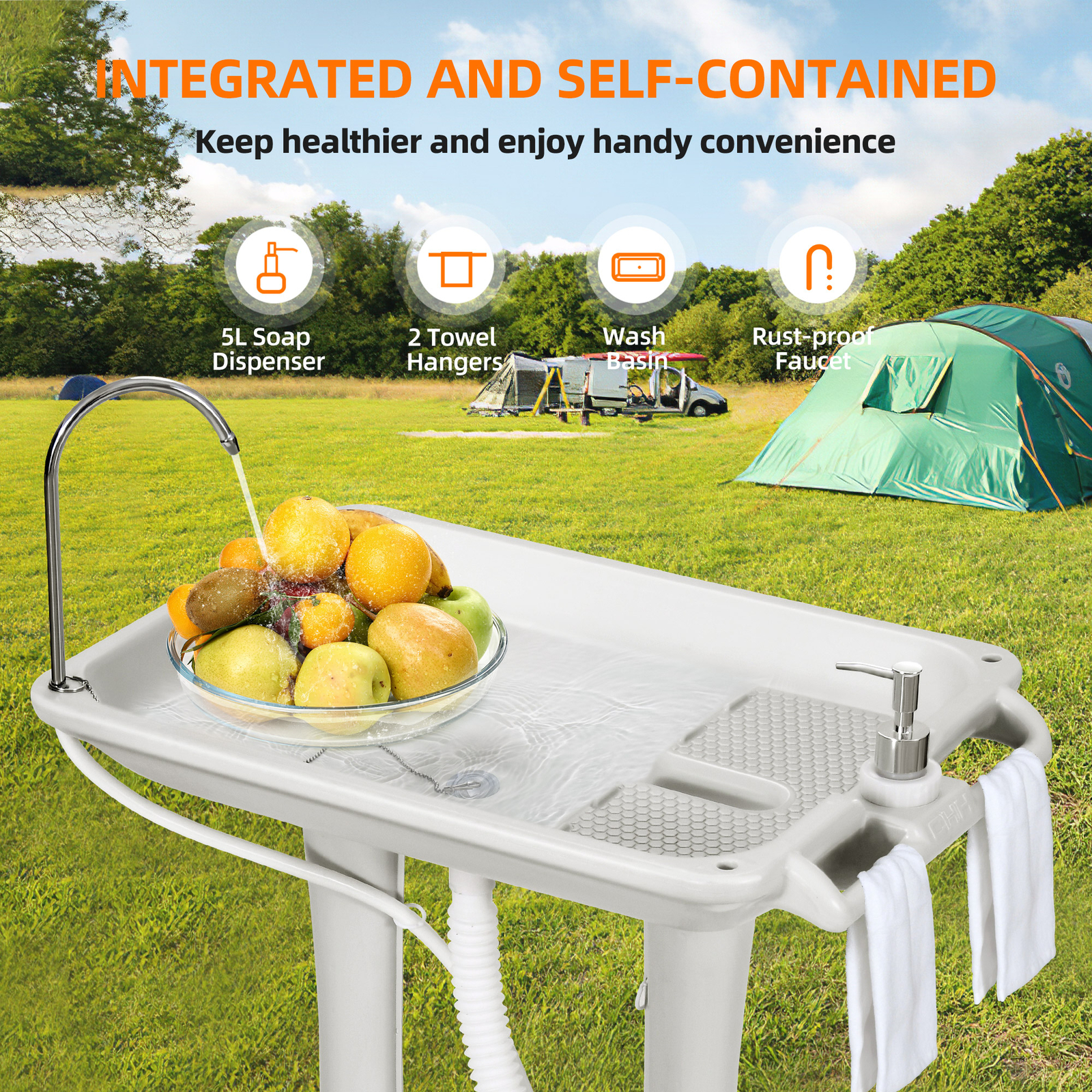 Portable Camping Sink Hand Washing Station with Rolling Wheels & Towel Holder