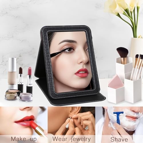 Foldable Desk Mirror Adjustable Angle Rounded Rectangle PU Edge 5.3×6.9” Black