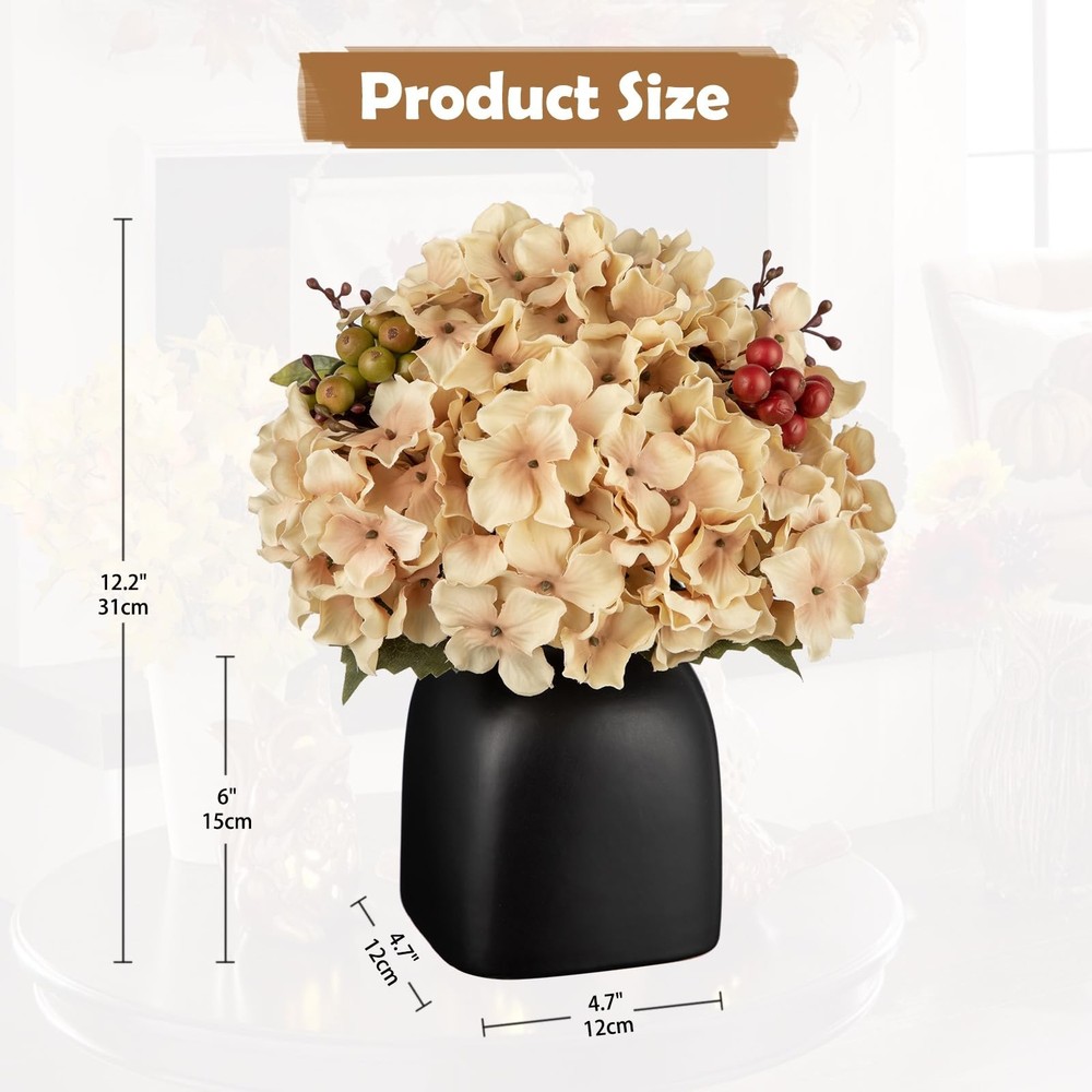 Briful Hydrangea Artificial Flowers in Ceramic Black Vase, Beige Silk Hydrang...