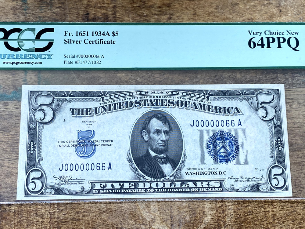 $5 1934 Silver Certificate 1651 PCGS 64PPQ - LOW 2 DIGIT SERIAL 66 00000066