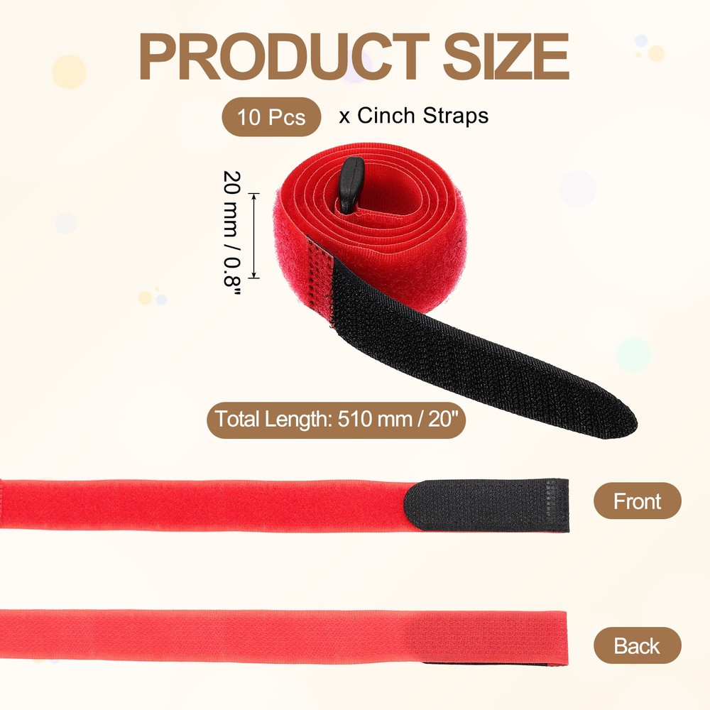 10pcs Reusable Cinch Straps 0.8"x20" Hook and Loop Cable Securing Straps, Red