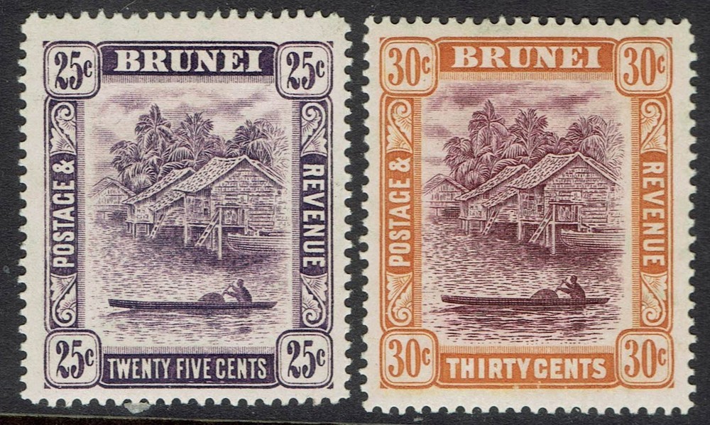 BRUNEI 1908 RIVER VIEW 25C AND 30C WMK MULTI CROWN CA