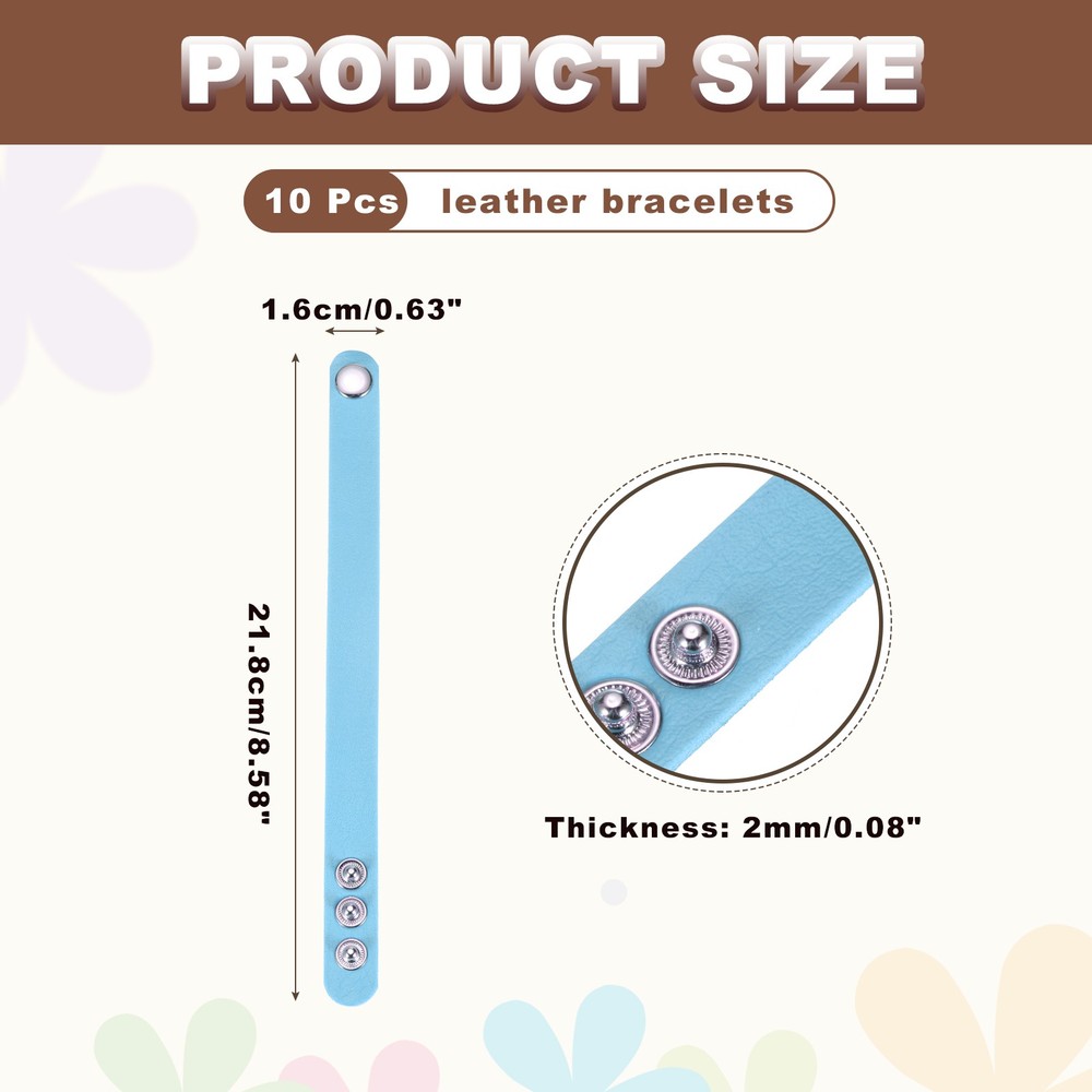 10 Pcs Plain Leather Bracelets Leather Snap Bracelets, Blue