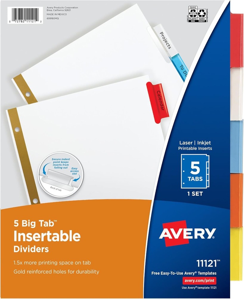 5-Tab Binder Dividers, Insertable Multicolor Big Tabs, 1 Set (11121)