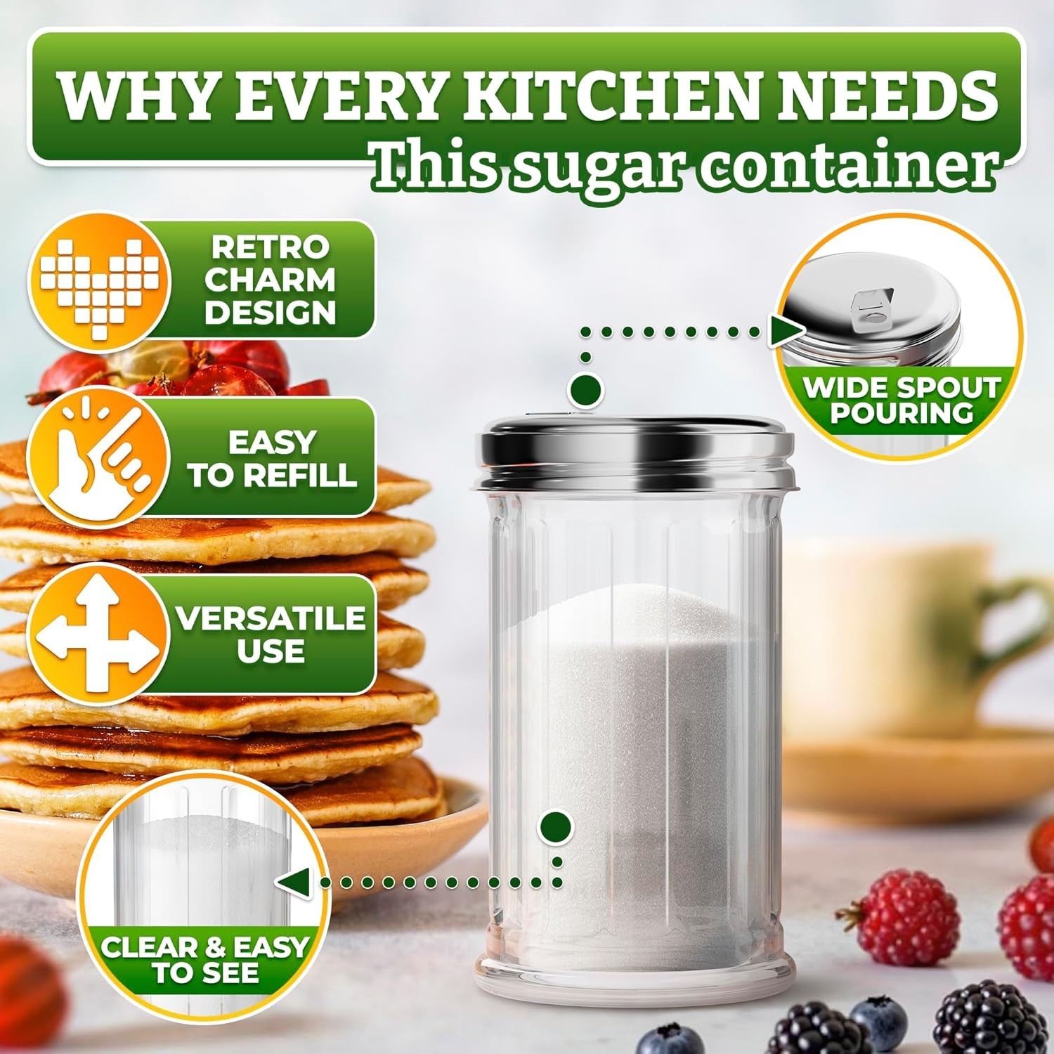 Glass Sugar Dispenser Container with Lid - Sugar Containers for Countertop Kitch