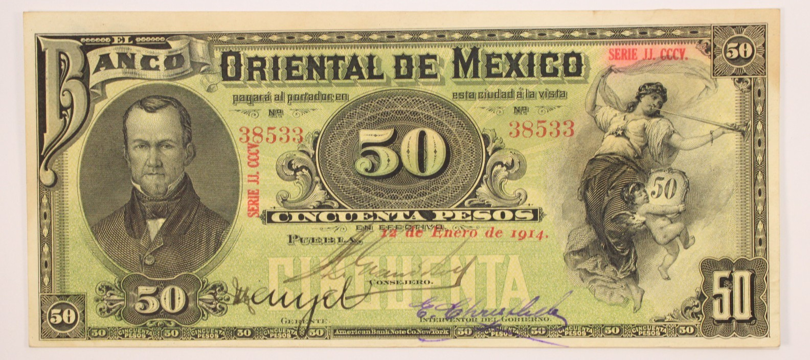 1914 Banco Oriental de Mexico Puebla 50 Pesos Note XF  -  #0488