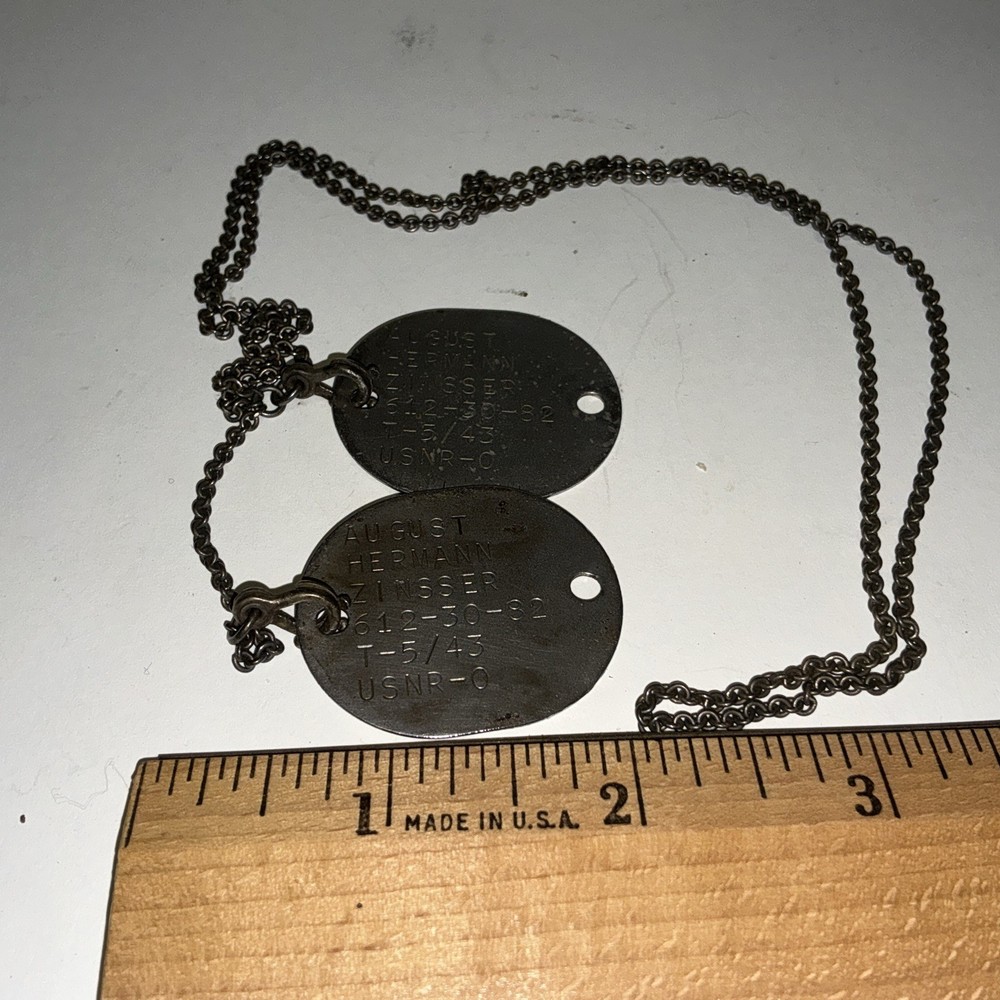 WWII USNR Navy Dog Tags 1945 Pair w/ Original Sterling Chain