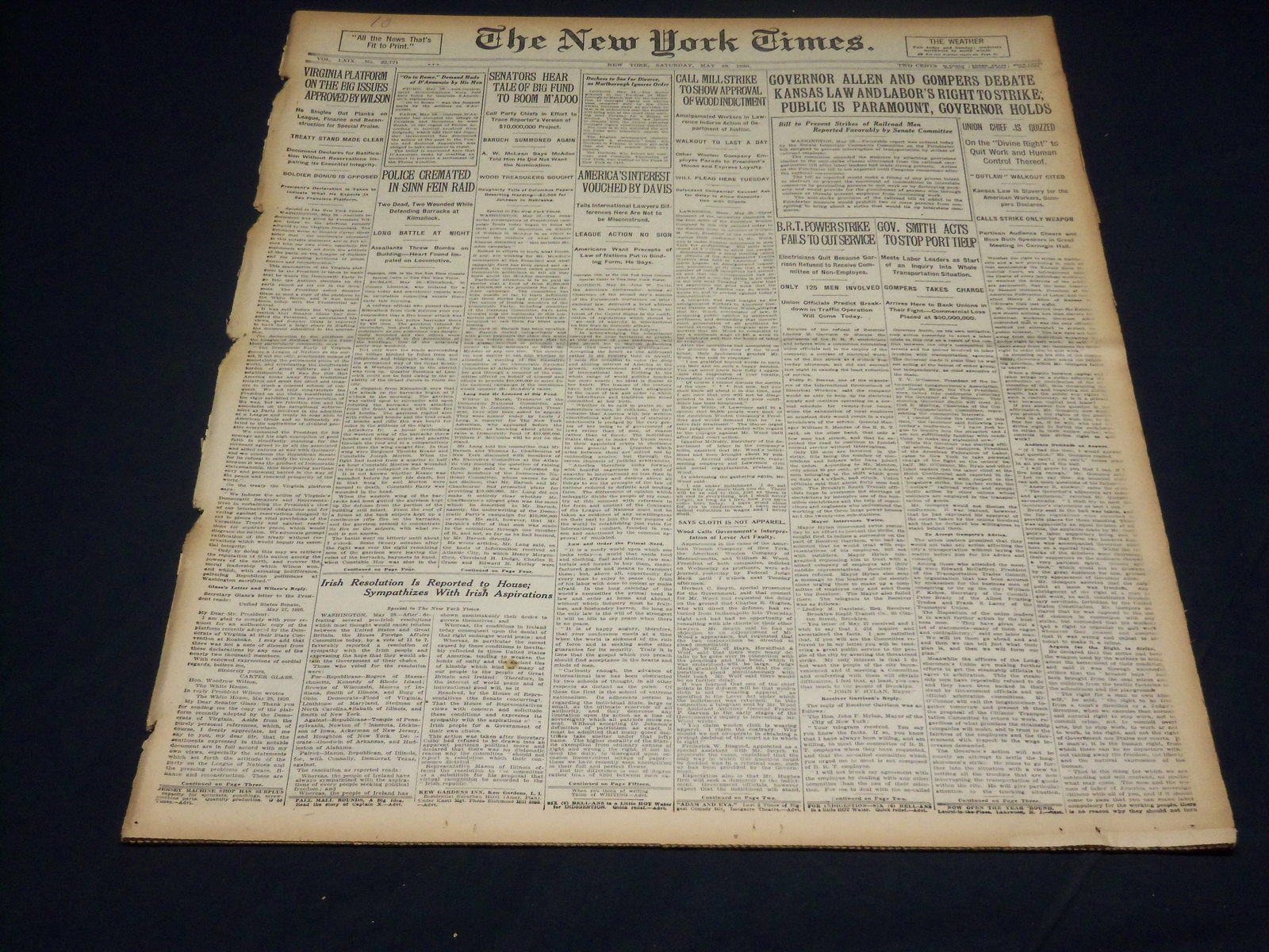 1920 MAY 29 NEW YORK TIMES - GOVERNOR ALLEN AND GOMPERS DEBATE- NT 8679