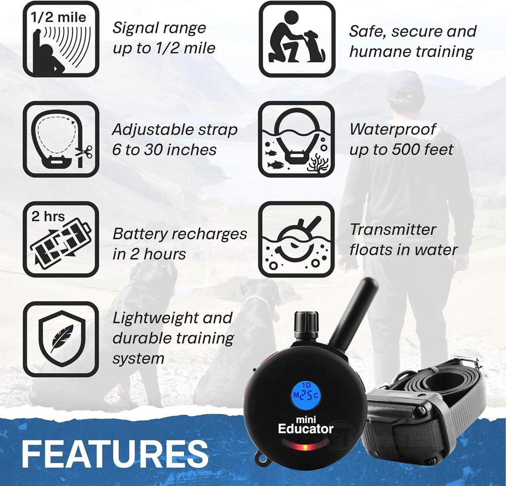Mini Educator ET-300 Black E-Collar - 1/2 Mile Range, 100 Training Stimulation