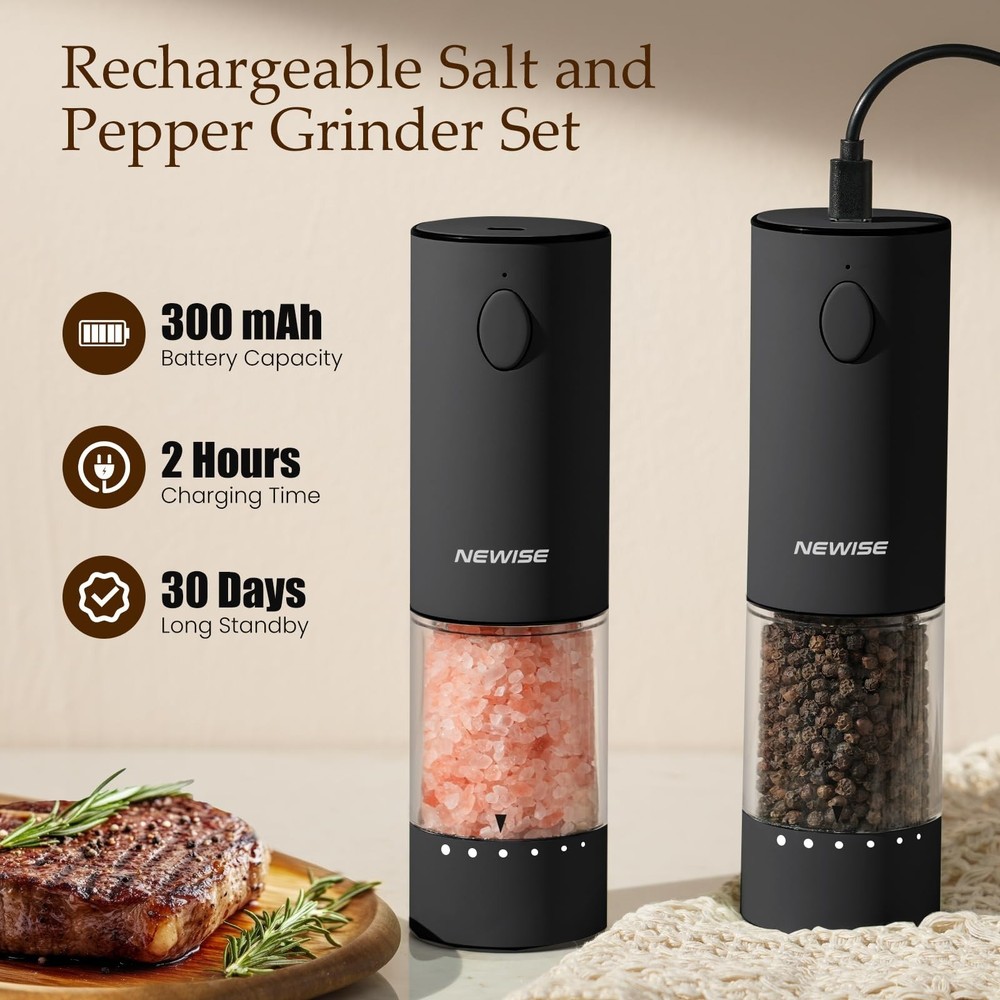 Electric Salt & Pepper Grinder Set, Rechargeable with LED Light & External Co...