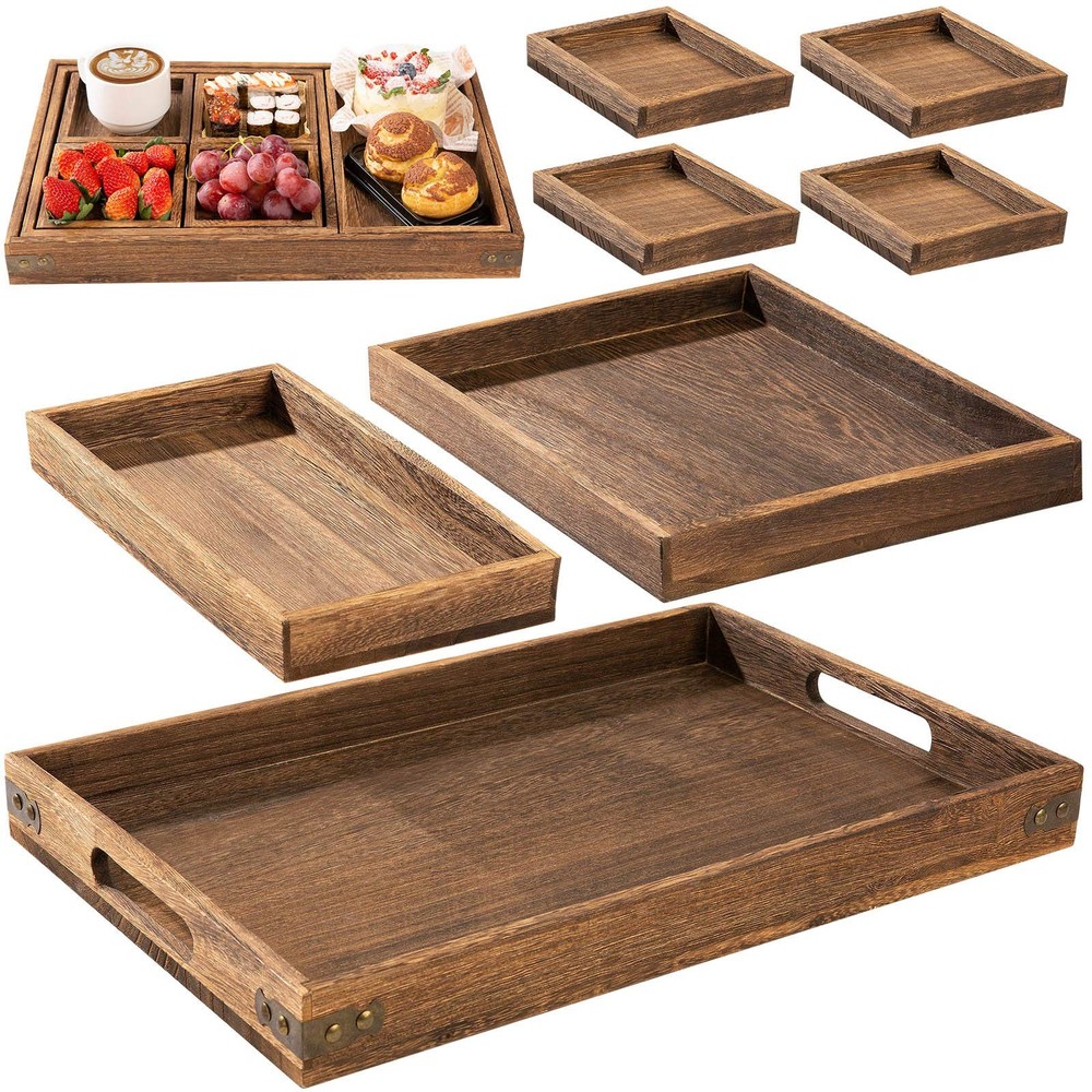 Rustic Wooden Serving Trays with Handle - Set of 7 Rectangular Platters for E...