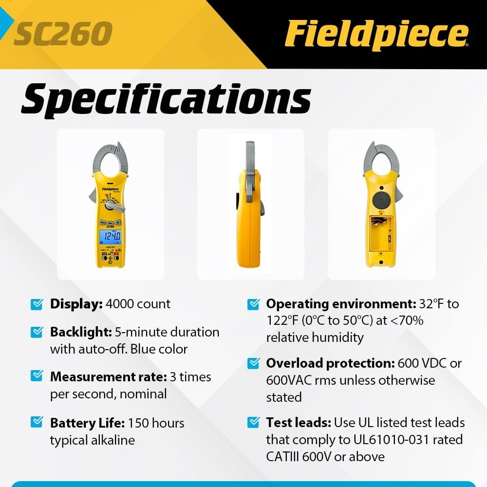 Compact HVACR Clamp Multimeter SC260 – True RMS Clamp Meter with Temperature