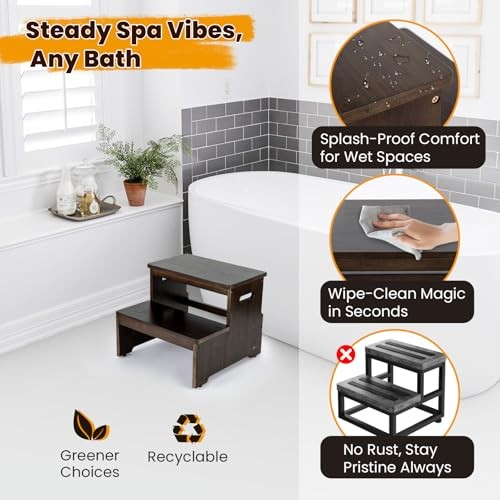 Extra Wide Bamboo Two Step Stool, 400 lbs Capacity Heavy Duty Stepping Stools
