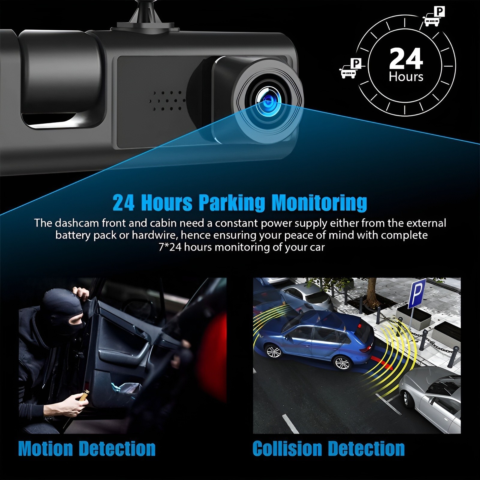 3 Lens Dash Cam Front Cabin Rear 1080P Night Vision, Parking Monitor, G-Sensor