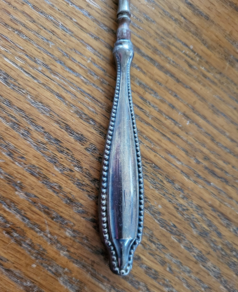 Rare 7" Antique Silver Handle Button Hook Leather Manicure Tool
