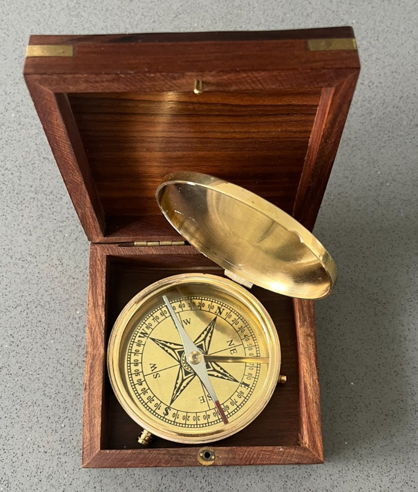 Vintage Nautical Compass In Wood Box