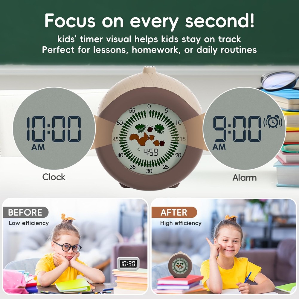 Visual Timer for Kids, 299-Minute Cute Kids Squirrel Timer, ADHD Autism Toddl...
