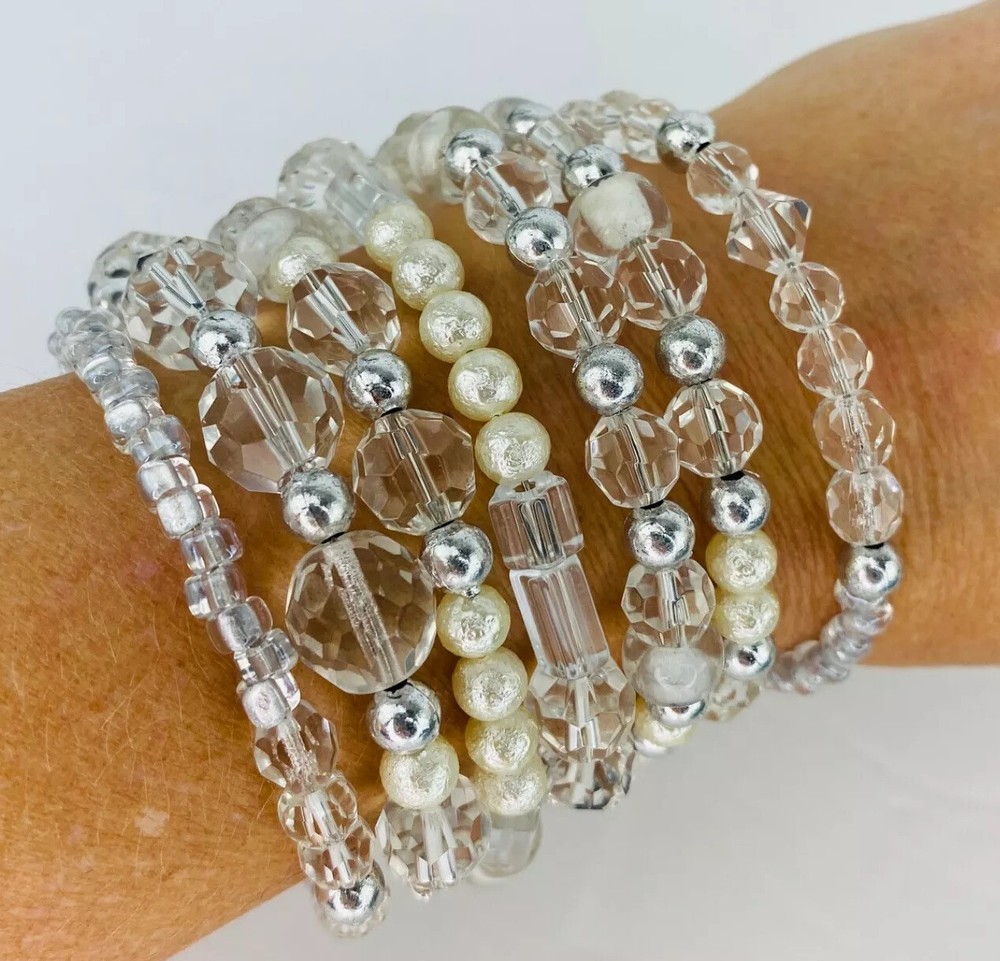 White Clear Frosted Crystal Silver Tone Bead Stack Bracelet Wrap Handmade