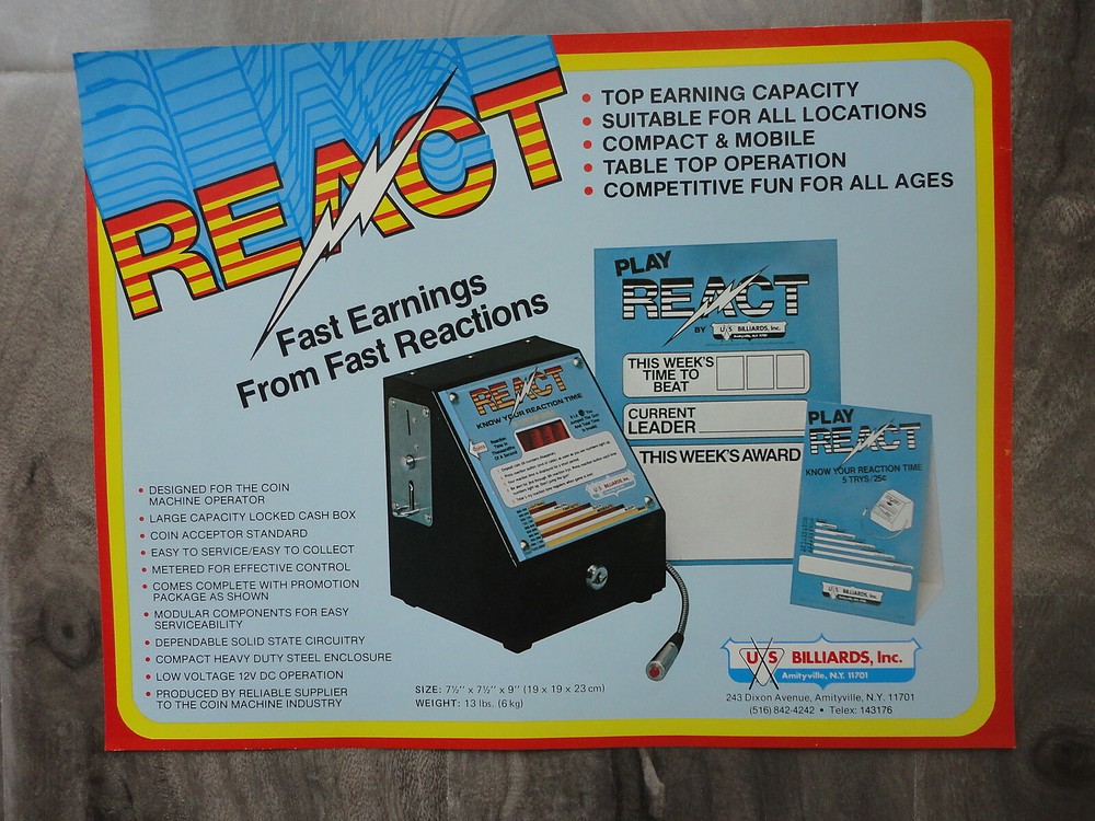 React Arcade Machine Flyer Original US Billards Inc Brochure