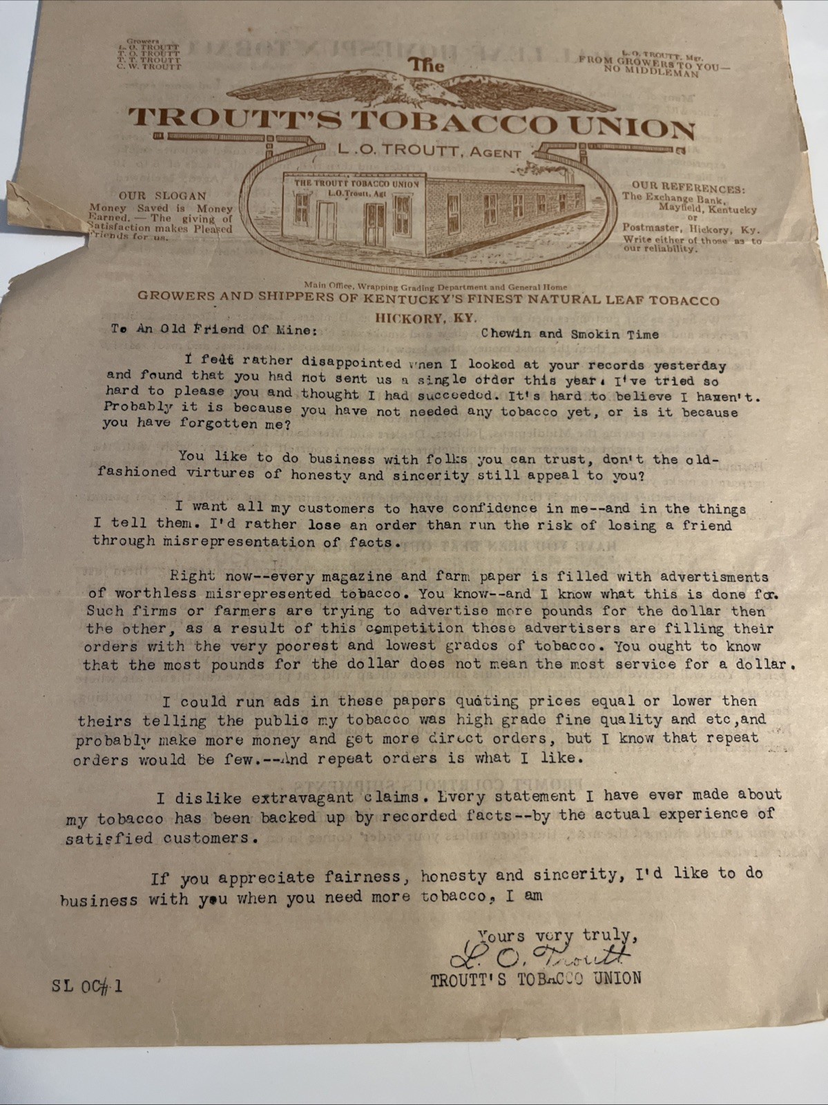 1920s letter from L.O. Troutt of Troutt's Tobacco Union To Long Lost Customer