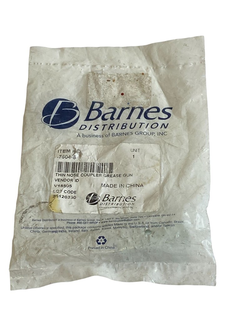 Barnes Distribution 7604-6 Thin Nose Coupler Grease Gun - New
