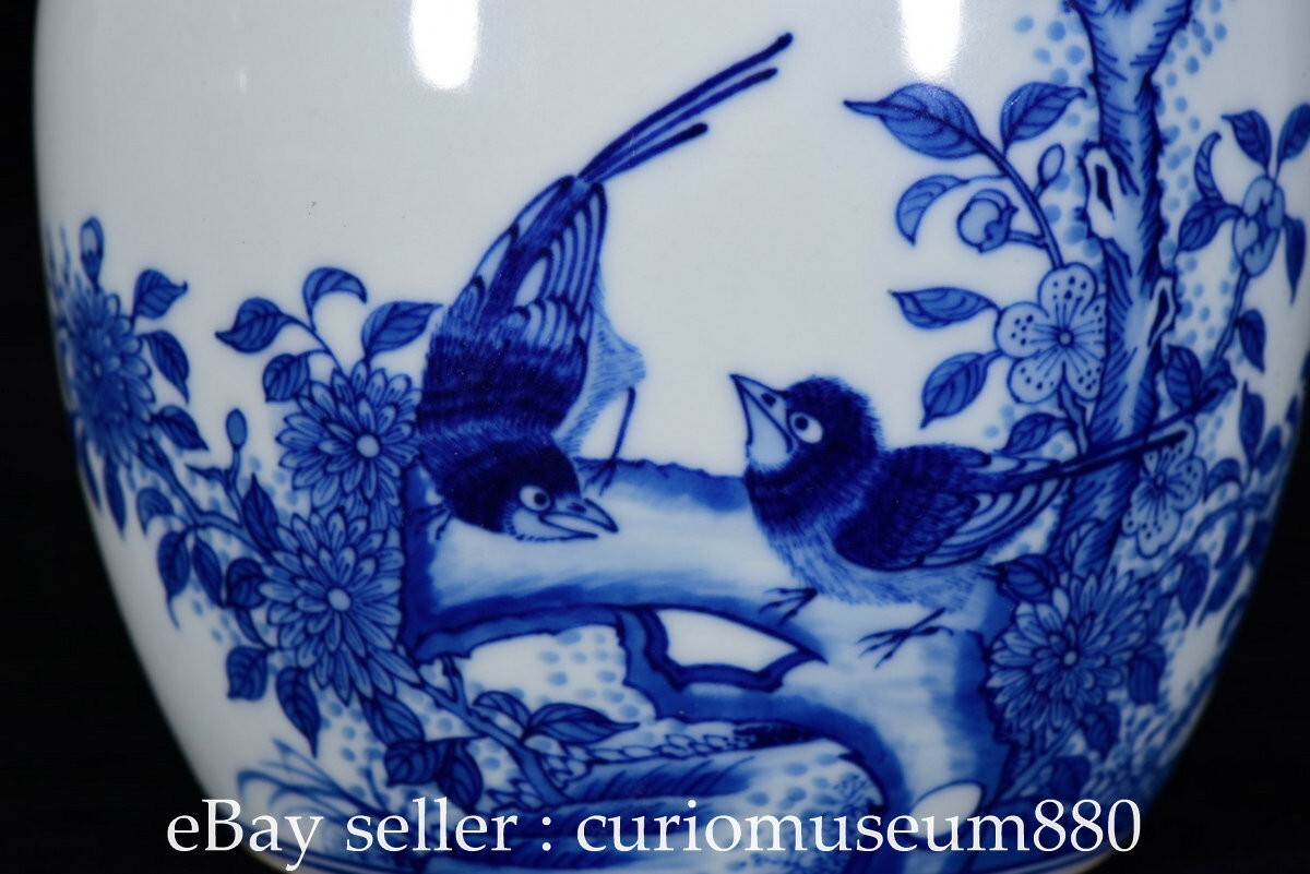 5.2" Chinese Qing Dynasty Blue White Porcelain Bird Flower Pattern Lid Pot Jar