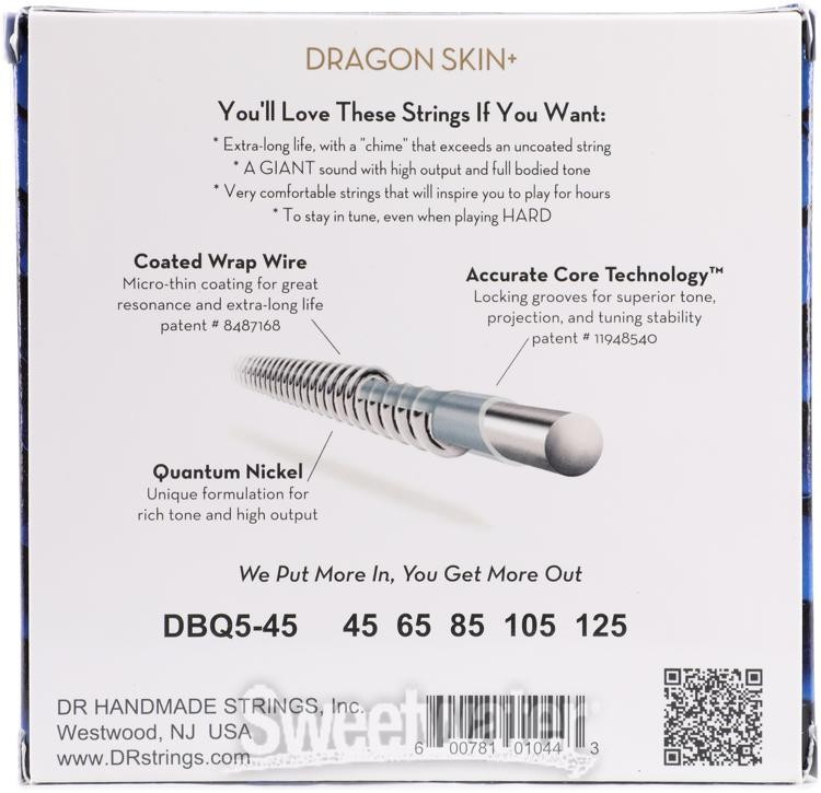 DR Strings Dragon Skin+ Coated 5-string Bass Guitar Strings - .045-.125 Medium