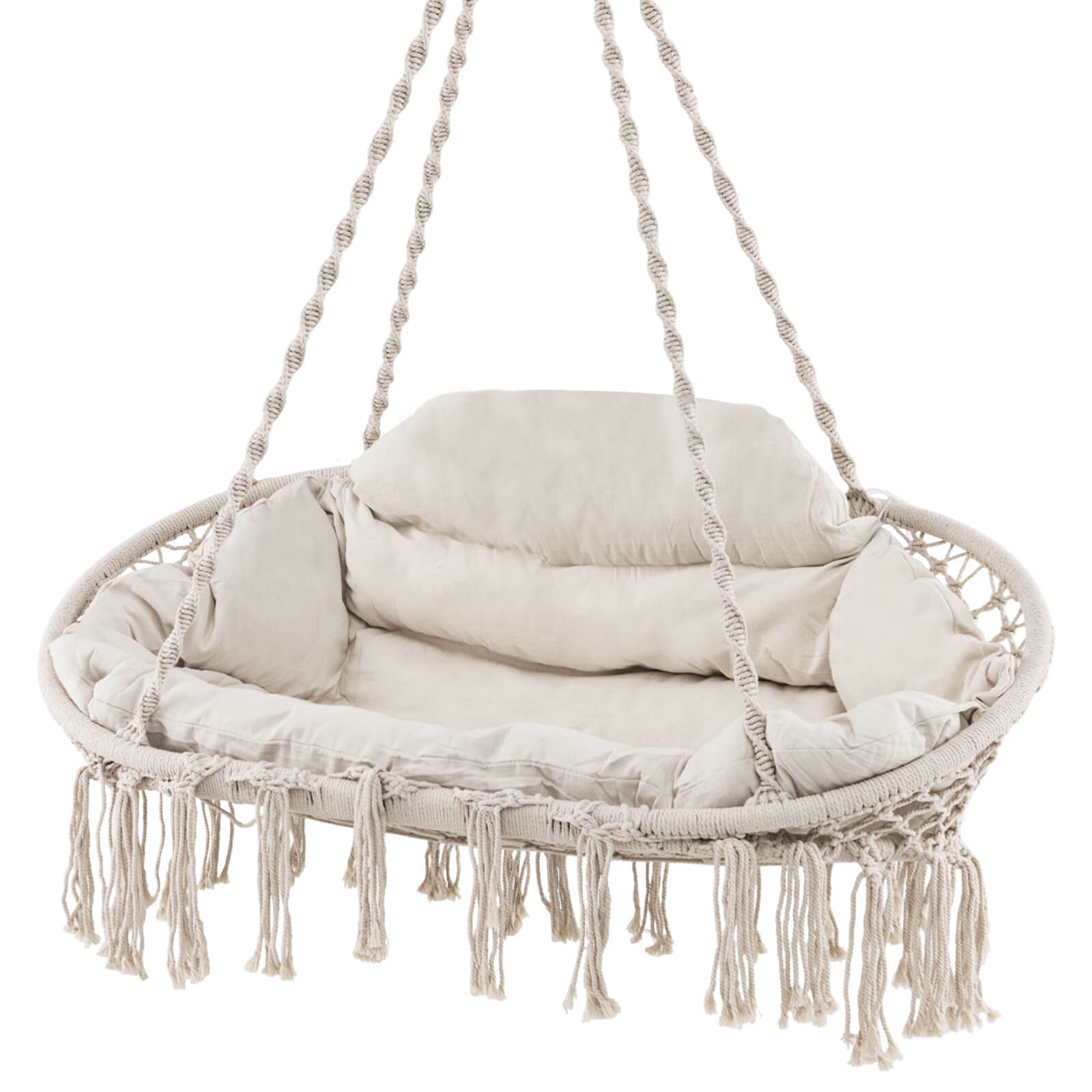 Swing Chair Hand-Woven Rope Hanging Chair w/Thick Cushion & Folding Metal Frame