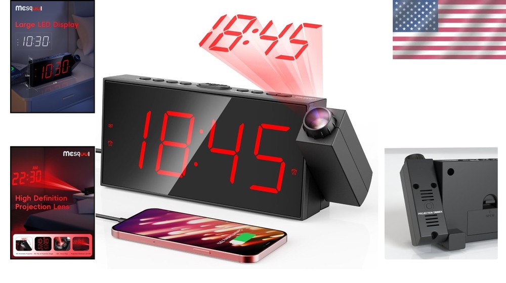 Rotatable Projector Alarm Clock, Clear Display, USB Charger