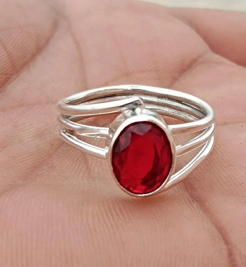 Solid 925 Sterling Silver Natural Red Gemstone Oval Multi-Split Shank Band Ring