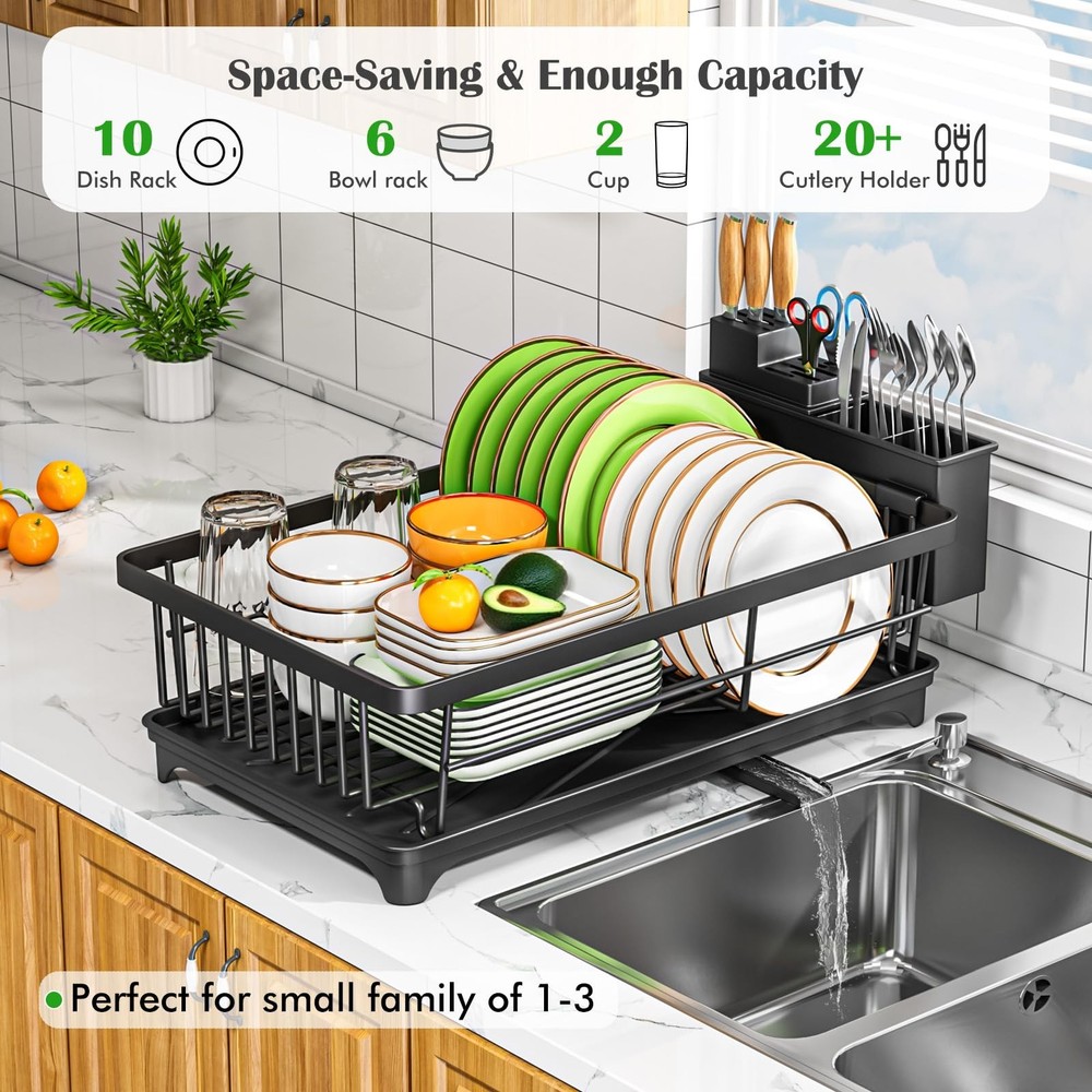 Compact Dish Drying Rack Countertop Rust Resistant Drainer with Utensil