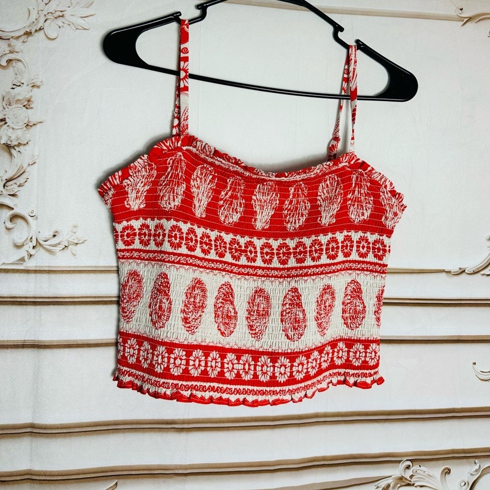 Two Set Red and White Shell-Print Top & Skirt