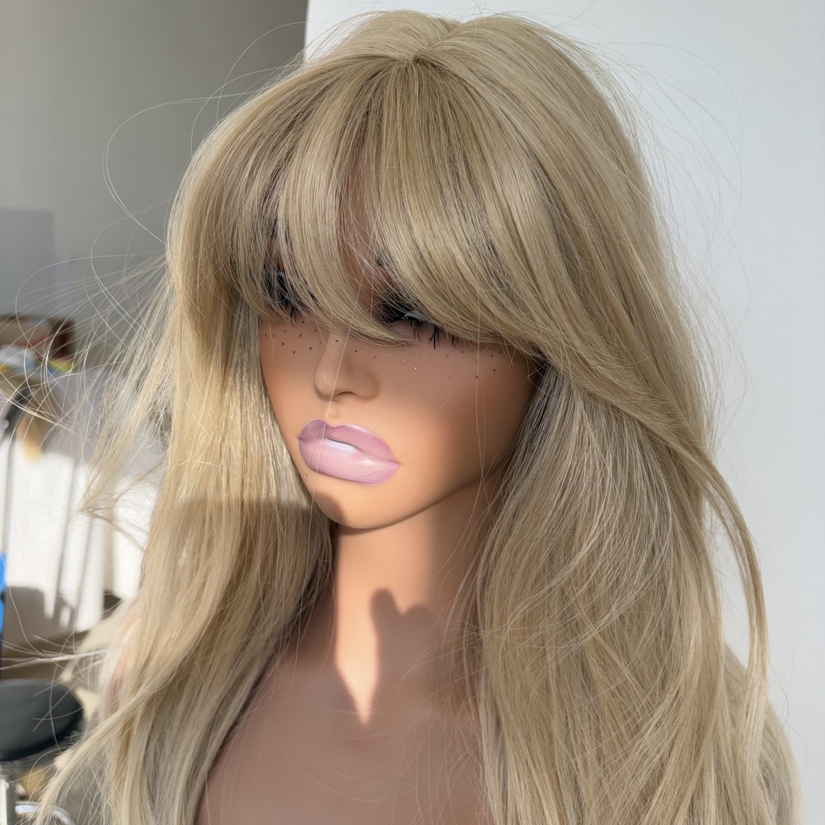 Mixed blonde Heat Resistant Hair Costume Wigs With Bangs Short Straight