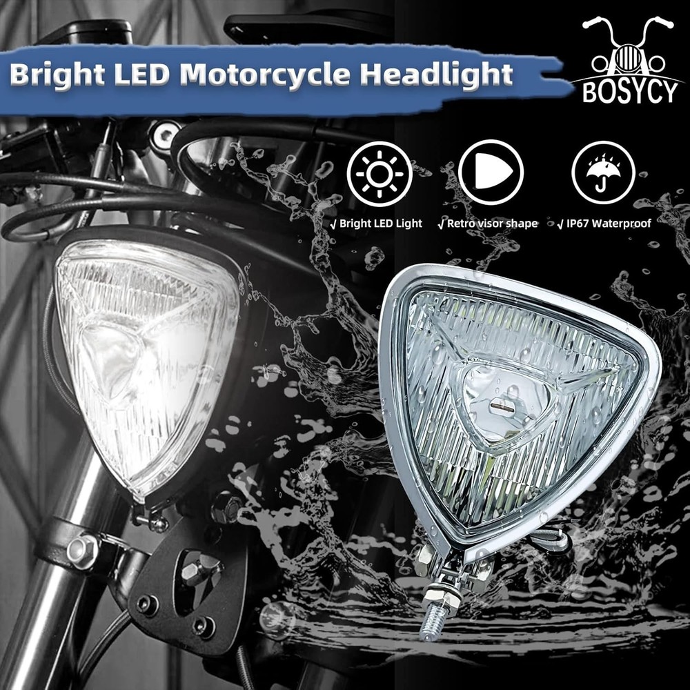 Vintage Motorcycle Chrome Headlight Triangle Front Spotlight Universal Fit
