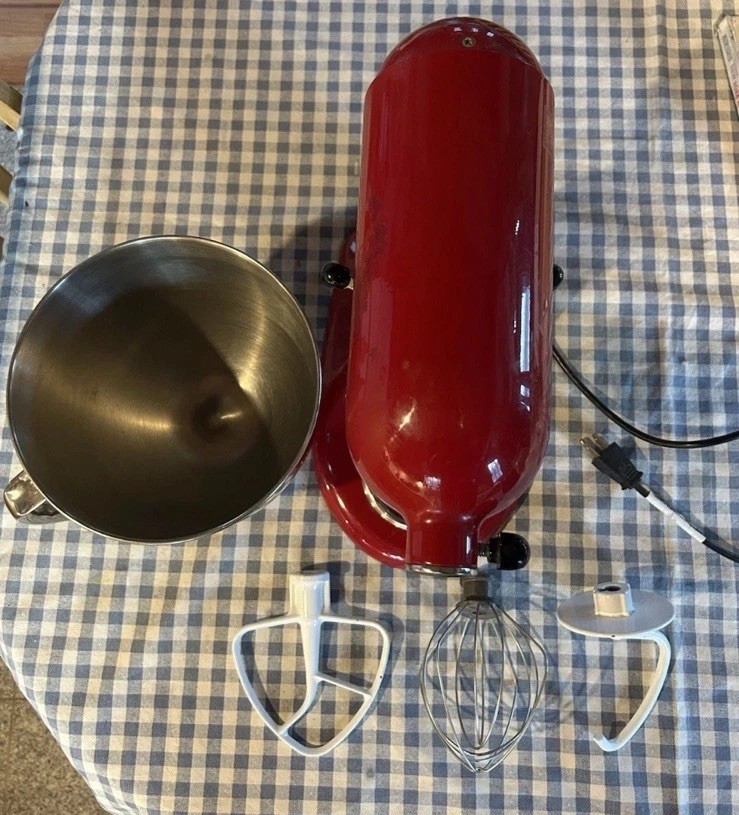 KitchenAid Artisan Red Standalone Mixer Stainless Steel Bowl Whisk Dough Hook .